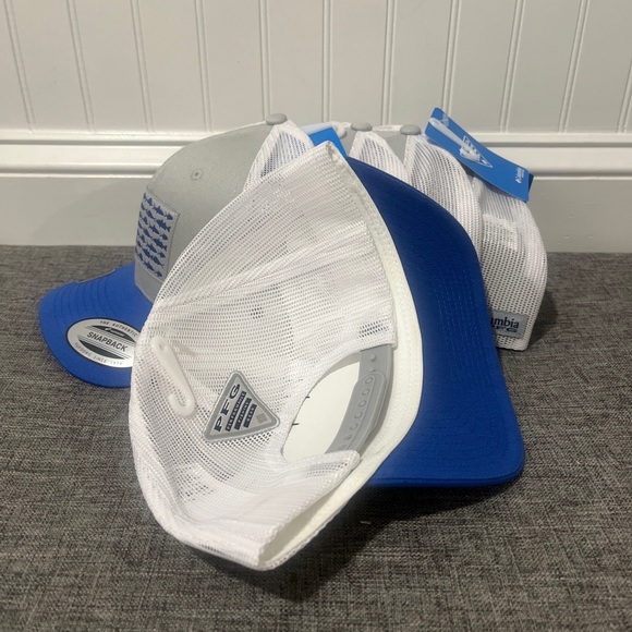 Columbia Men's PFG Fishing Mesh Snapback Fish Flag Hat Cool Grey/Wht/Vivid Blue - Picture 6 of 7